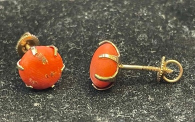 14K GOLD FINE ROUGE PINK CORAL CABOCHON SCREW BACK STUD EARRINGS An Impressive Pair of Vintage