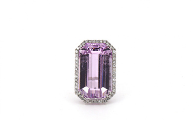 14K White Gold, 56.95ct Kunzite and Diamond, Cocktail Ring. The...