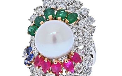 14K White Gold Diamond Ruby Emerald And South Sea Pearl Ring
