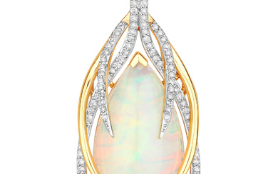 14KT Yellow Gold Opal and Diamond Pendant with Chain