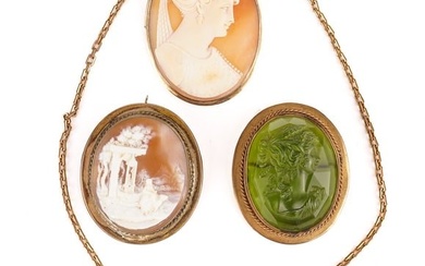14k GOLD SHELL CARVED CAMEO BROOCH & (3) OTHERS