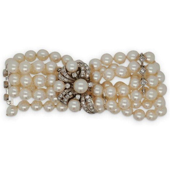 14k Pearl & Diamond Multi Strand Bracelet