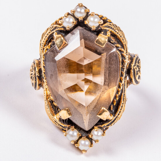 14kt Yellow Gold Smokey Quartz and Seed Pearl Ring
