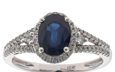 1.54 Carat Oval-Cut Blue Sapphire Diamond Accents 10K White Gold Ring