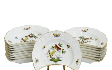 16 Herend Hungary Rothschild Birds Hand Painted Porcelain Crescent Salad Plates