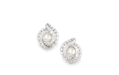 Pair of Natural Pearl and Diamond Ear Clips, Van Cleef & Arpels