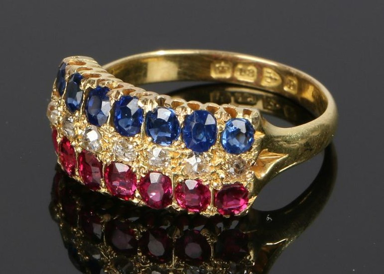 18 carat gold sapphire diamond and ruby ring, with