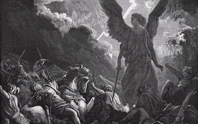1800s GUSTAVE DORE Biblical Woodcut Sennacherib's Army Destroyed FRAMED SIGNED