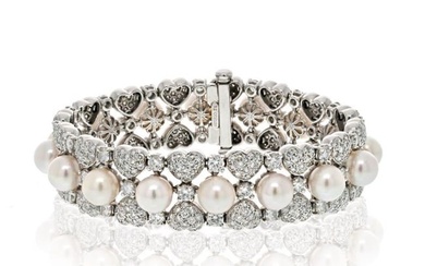 18K White Gold 15.00cttw Round Diamond And Pearl One Line Bracelet