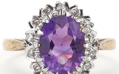 18ct gold amethyst and diamond cluster ring, the amethyst ap...