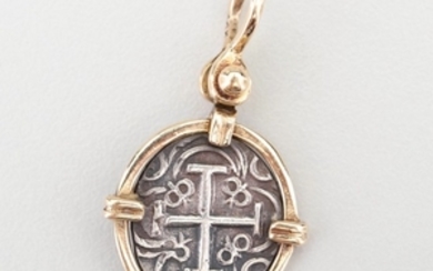 14K Yellow Gold and Silver Tone Coin Pendant
