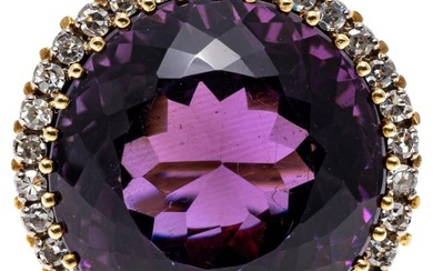 18k Yellow Gold Vintage Round Dark Purple Amethyst and Diamond Halo Ring