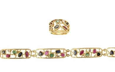 18kt yellow gold and coloured gemstone demi parure