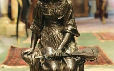19 C large bronze with brown patina sculpture of a girl seated with a lute, signed