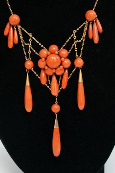 19C European Red Coral Necklace in 14K