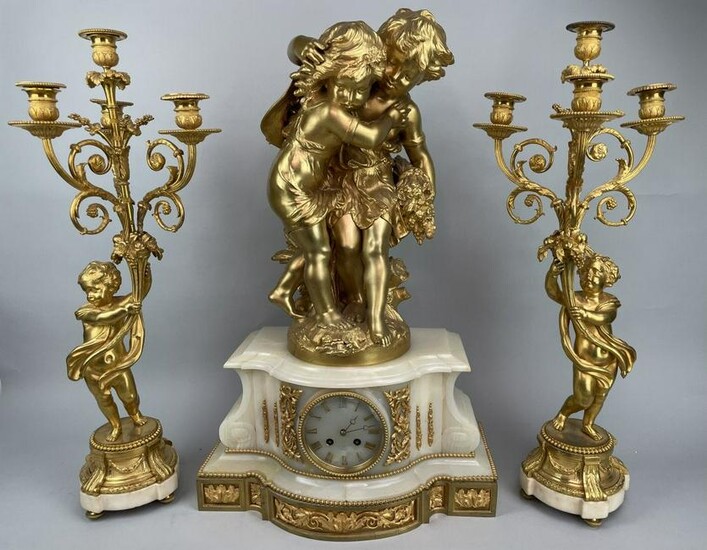19TH C. DORE BRONZE AND MARBLE CLOCK SET SIGNED PICARD