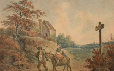 19TH-CENTURY ENGLISH LANDSCAPE PAINTING WITH TRAVELERS