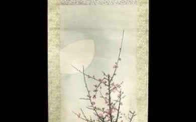 19th C. Japanese Scroll Painting Cherry Blossoms & Moon