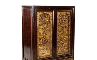 19th C Qing Qian Long Gold Carved Window Panel Cabinet