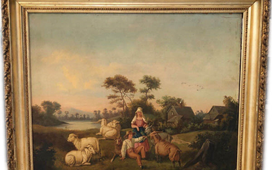 19th Century Oil on Canvas, shepherd's and sheeps
