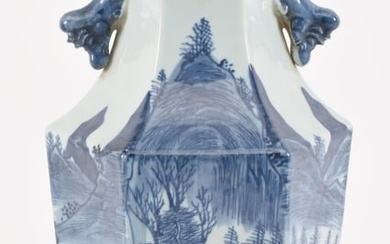 19th century Chinese blue and white hexagonal porcelain vase with landscape decoration. 14in high.