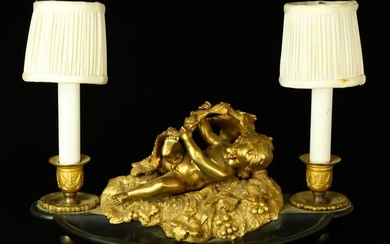 19th century French Dore bronze lamp with cherub base and mini lamp shades