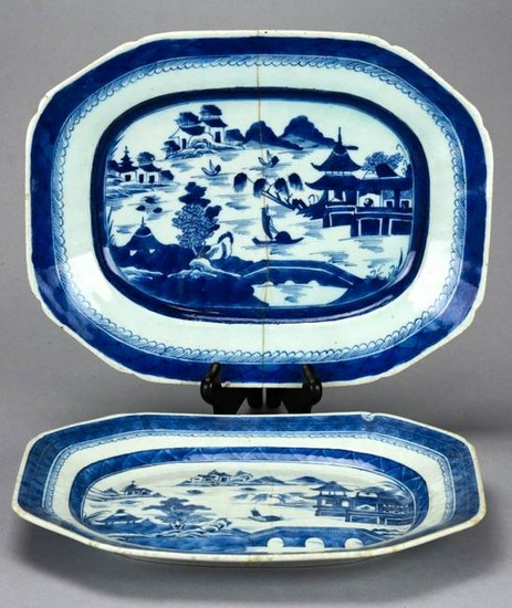 2 Chinese Blue & White Canton Porcelain Platters