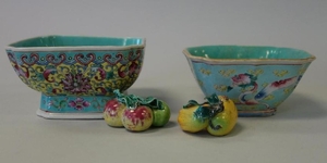 2 Chinese Porcelain & Enamel Bowls + Fruit