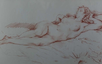 20th century, conte crayon drawing on paper - a reclining female nude, indistinctly signed, in glazed gilt frame, 28cm x 45cm