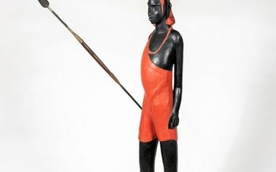 20thC Standing Maasai Warrior with Metal Spear