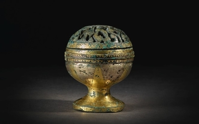 A SPLENDID AND RARE GOLD AND SILVER-INLAID BRONZE CENSER HAN DYNASTY