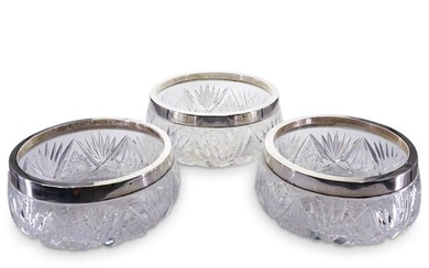 (3 Pc) Antique Cut Crystal Bowls W/ German 800 Silver Mounts