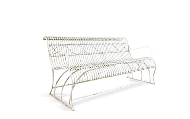 A 19TH CENTURY WIRE WORK GARDEN BENCH, the rounded…