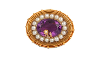 An amethyst and pearl brooch, late 19th century...