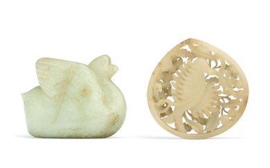 A BEIGE JADE PIERCED 'DRAGONFISH' PLAQUE AND A PALE GREENISH-WHITE JADE CARVING OF A GOOSE, THE DRAGONFISH PLAQUE, YUAN-MING DYNASTY (1279-1644) THE GOOSE CARVING, MING DYNASTY (1368-1644)