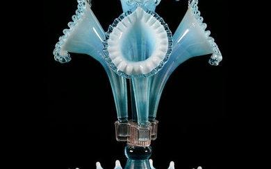 Blue Opal Art Glass Four Lily Epergne