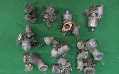 Box of eight SU and two Solex carburettors