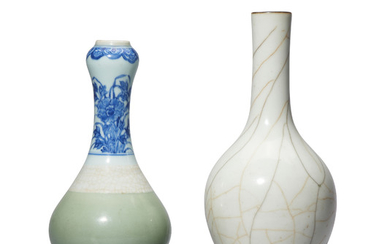 A CELADON AND BLUE AND WHITE GARLIC-HEAD VASE AND A GE-TYPE BOTTLE VASE, QING DYNASTY, 18TH-19TH CENTURY