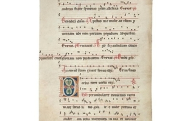 Choirbook leaf with a delicately painted initial, in Latin, manuscript on parchment [Italy (perhaps Veneto), mid-thirteenth century]