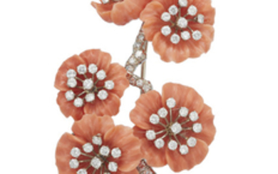 CORAL AND DIAMOND FLOWER PENDANT BROOCH