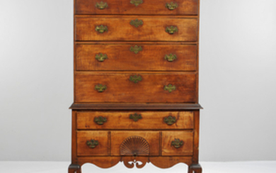 Diminutive Carved Tiger Maple High Chest of Drawers