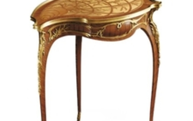 François Linke (1855 - 1946) A French gilt-bronze mounted kingwood, satiné and stained holly marquetry table à ouvrage 'coquille', Paris, circa 1900
