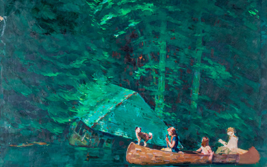 Frederick Widlicka, (American, 1907-1994) - River Scene with Figures in a Canoe, St. Regis