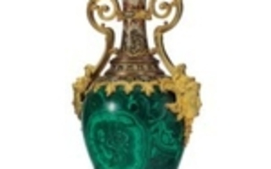 A FRENCH ORMOLU, CHAMPLEVE ENAMEL AND MALACHITE-VENEERED VASE, EARLY 20TH CENTURY