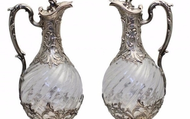 Pair of French Silver-Mounted Glass Claret Jugs, Paris