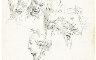 Giovanni Battista Tiepolo (Venice 1696-1770 Madrid), Heads of four satyrs, a young woman and a female sphinx