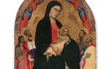Giovanni del BIONDO Actif à Florence et dans les environs de 1356 à sa mort en 1398 Madone allaitant l'Enfant entre saint Jean-Baptiste, saint Paul, saint Pierre, saint François d'Assise, cinq chérubins et quatre séraphins