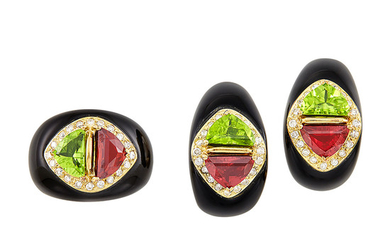 Pair of Gold, Black Onyx, Peridot, Garnet and Diamond Earclips and Ring