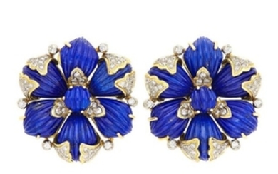 Pair of Gold, Fluted Lapis and Diamond Earclips