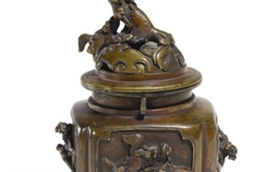 A Japanese bronze 'mythical beast' censer and cover, Meiji Period, 19th century